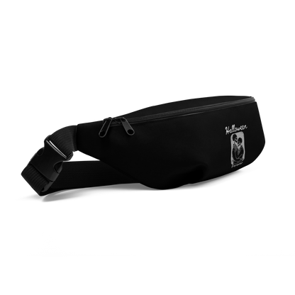 This is a black fanny pack waist bag that has a hugging skeleton couple that is grey and says Halloween Forever 