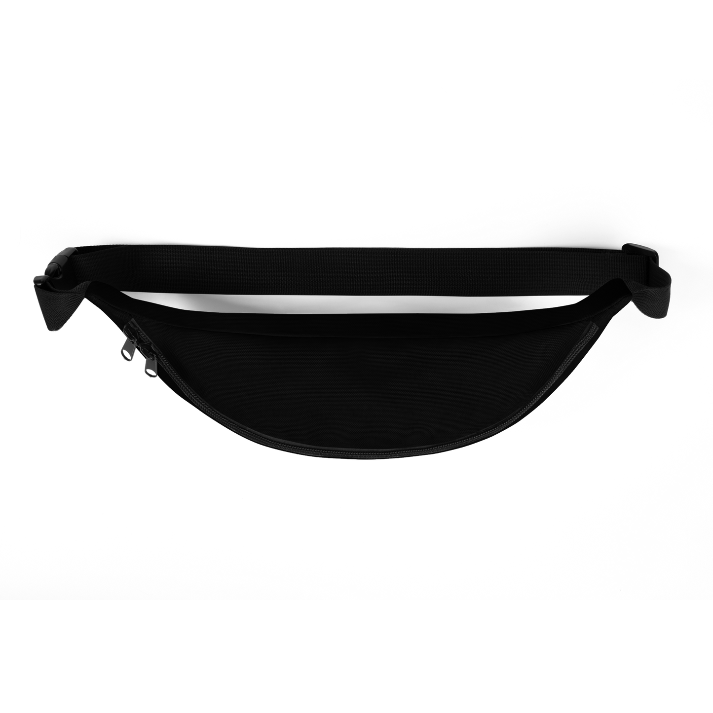 This is the top of a black waist bag fanny pack with a retro-style illustration of a grinning skeleton lounging on a beach chair under an orange umbrella. The skeleton is holding a pumpkin-shaped drink cup with a straw and relaxing by the ocean, with a bright sun in the sky and a life preserver in the sand. The words “Creepy All Year” appear boldly at the top 