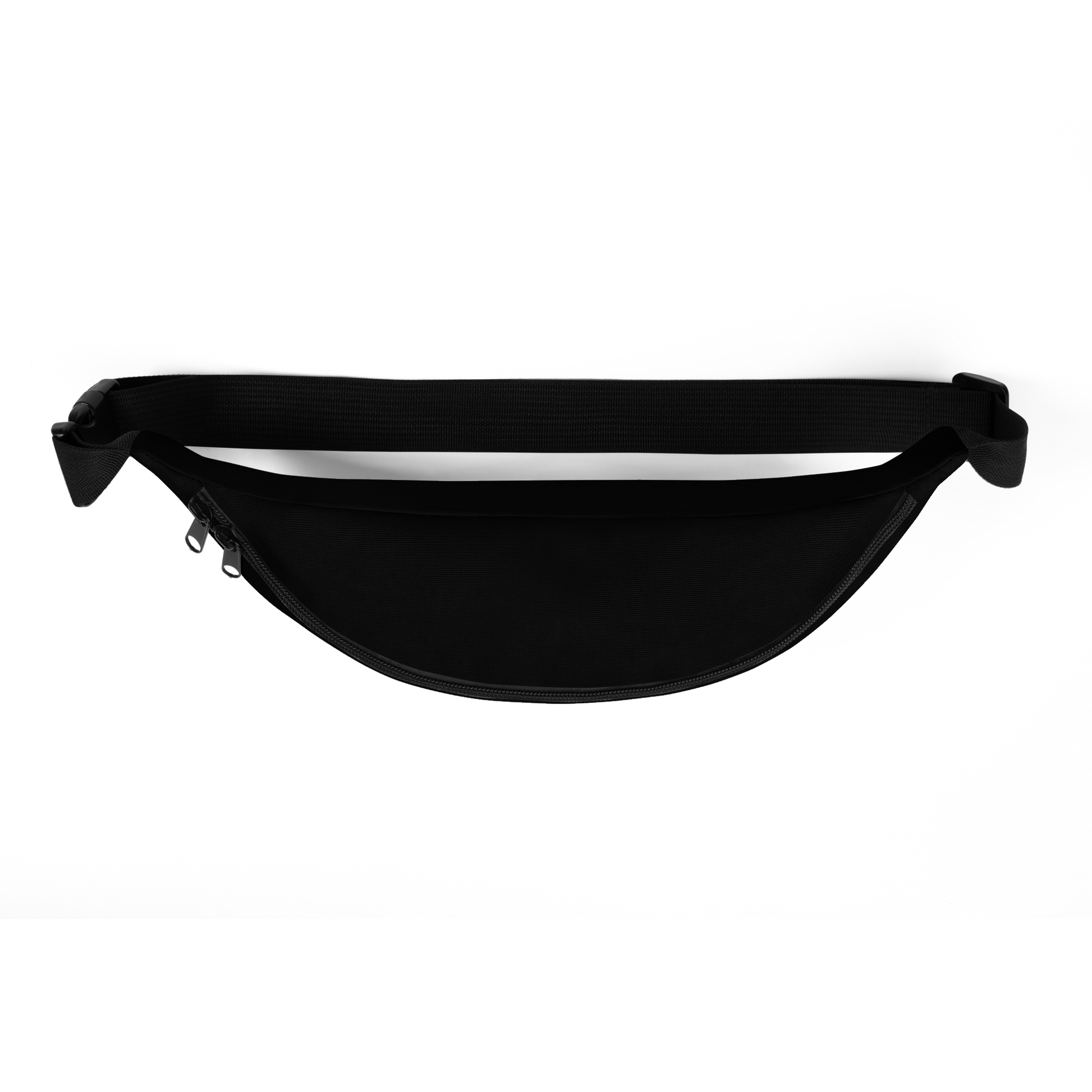 This is the top of a black waist bag fanny pack with a retro-style illustration of a grinning skeleton lounging on a beach chair under an orange umbrella. The skeleton is holding a pumpkin-shaped drink cup with a straw and relaxing by the ocean, with a bright sun in the sky and a life preserver in the sand. The words “Creepy All Year” appear boldly at the top 