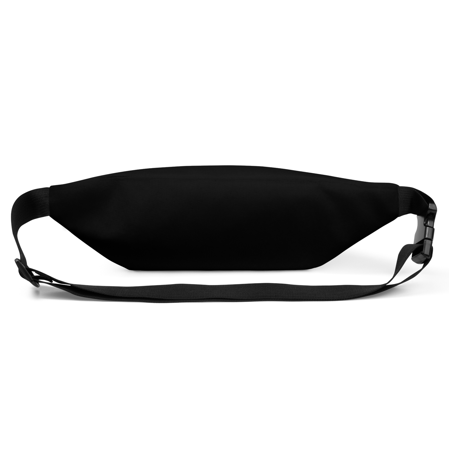 This is the back of a black waist bag fanny pack that has a bored skeleton with his head resting in his hand and he has spider webs and bats around him and the text reads just waiting for October on the front
