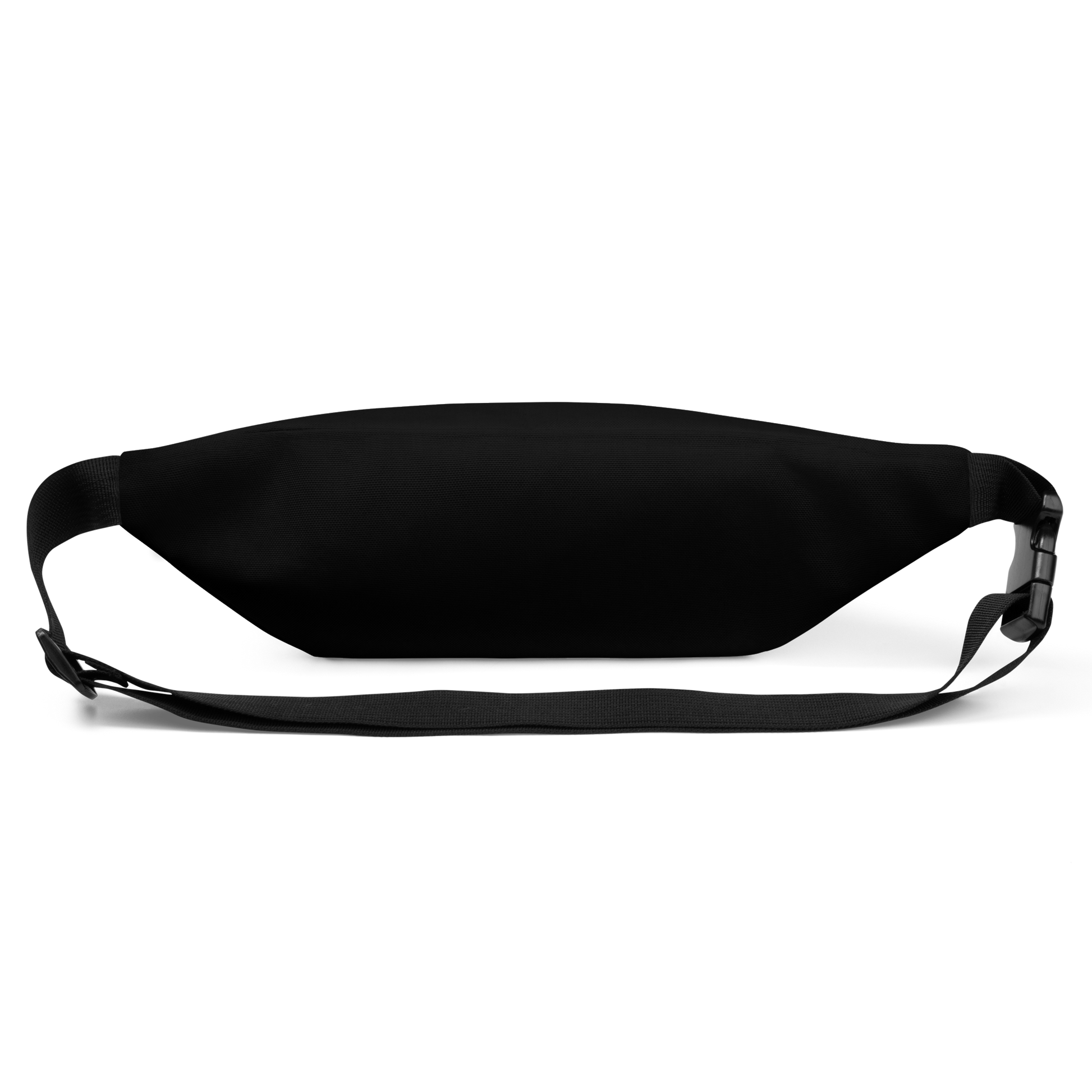 This is the back of a black waist bag fanny pack that has a bored skeleton with his head resting in his hand and he has spider webs and bats around him and the text reads just waiting for October on the front