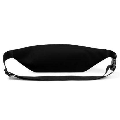 This is the back of a black waist bag fanny pack that has a bored skeleton with his head resting in his hand and he has spider webs and bats around him and the text reads just waiting for October on the front