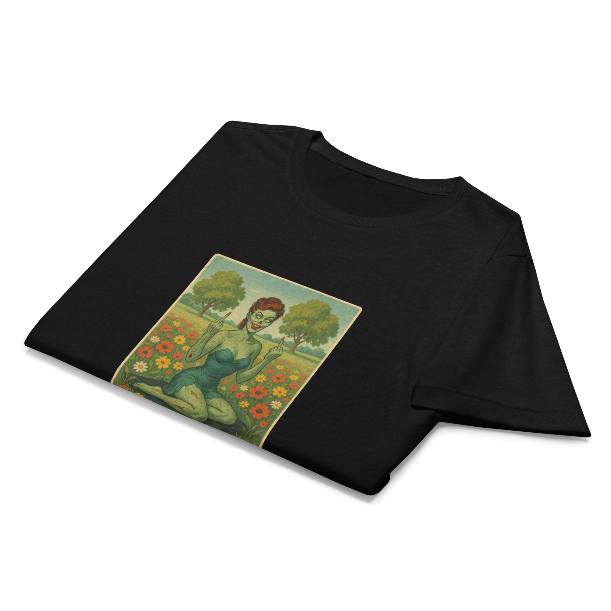 This is a folded black women's t-shirt with a design illustration of a sassy zombie pinup girl standing in a floral field, wearing tattered lingerie and flipping off the viewer with both hands. She has green skin, vintage curls, and a bold attitude. The design blends horror and humor, with a pastel color palette and creepy cute vibes