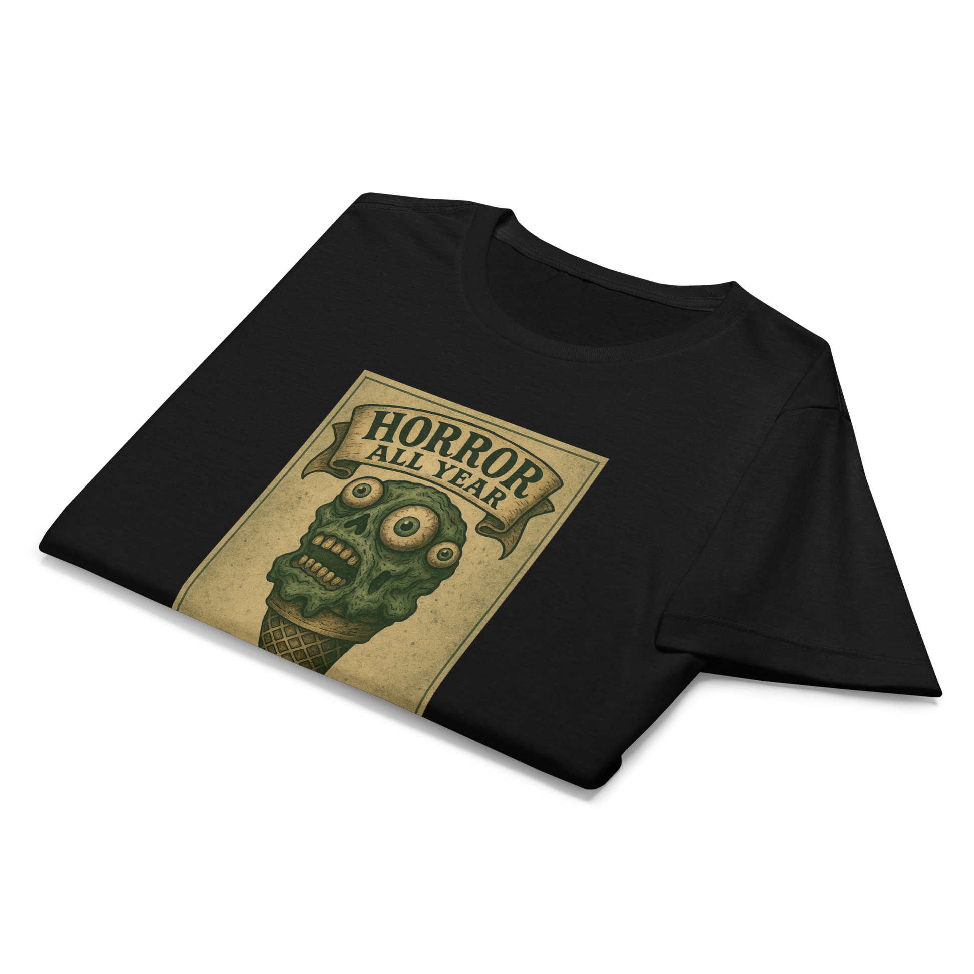 This is a folded black women's t-shirt that is a vintage-style illustration of a zombie-themed ice cream cone with a green, melting undead face and bulging eyeballs. Above the cone, a horror banner reads "Horror All Year" on a distressed parchment background