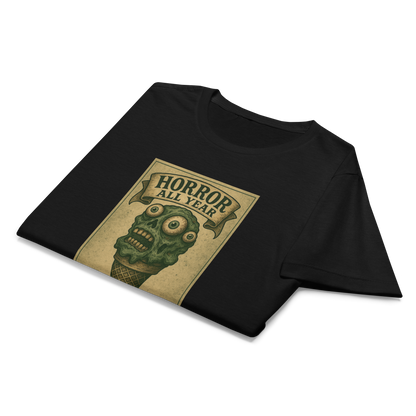 This is a folded black women's t-shirt that is a vintage-style illustration of a zombie-themed ice cream cone with a green, melting undead face and bulging eyeballs. Above the cone, a horror banner reads "Horror All Year" on a distressed parchment background