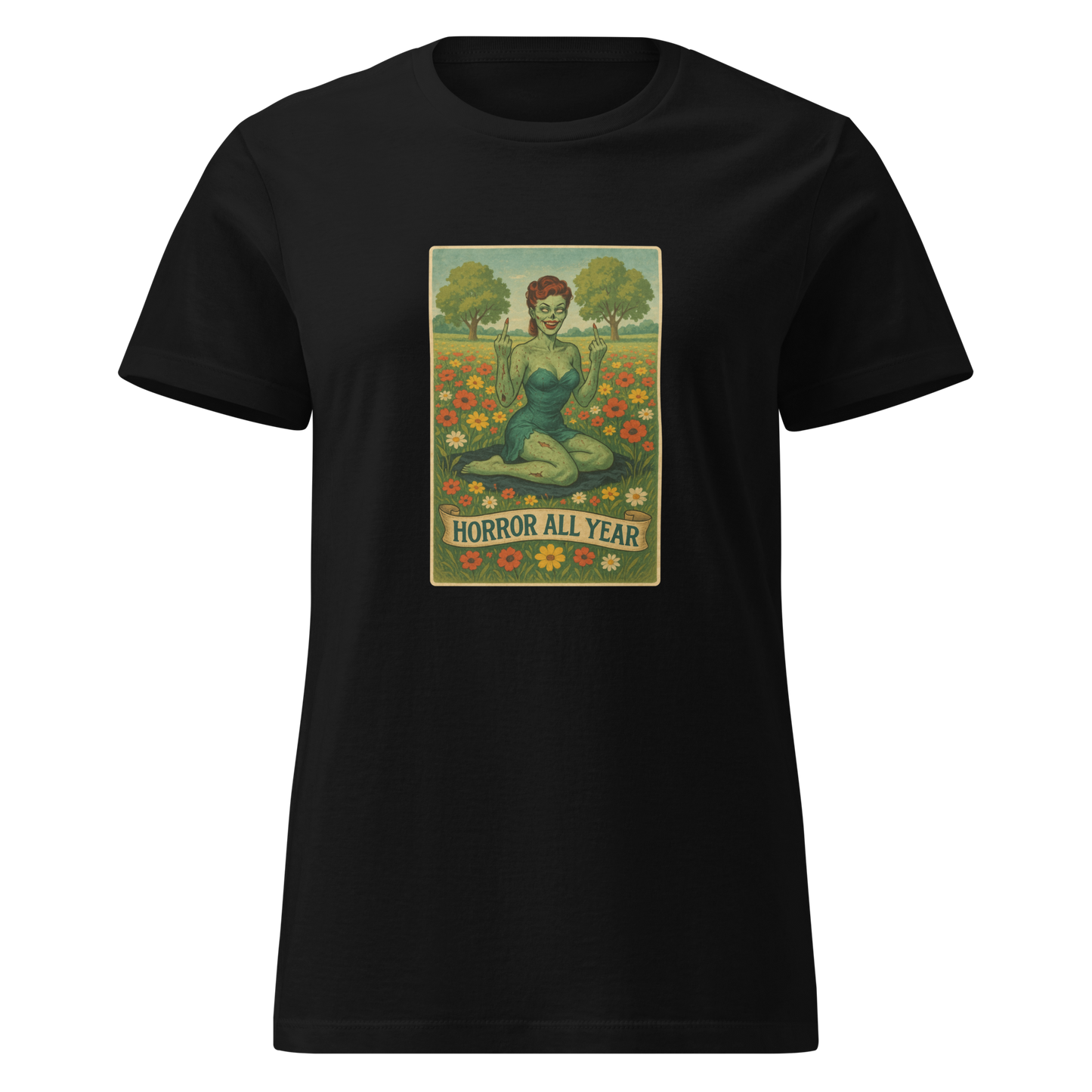This is a black women's t-shirt with a design illustration of a sassy zombie pinup girl standing in a floral field, wearing tattered lingerie and flipping off the viewer with both hands. She has green skin, vintage curls, and a bold attitude. The design blends horror and humor, with a pastel color palette and creepy cute vibes