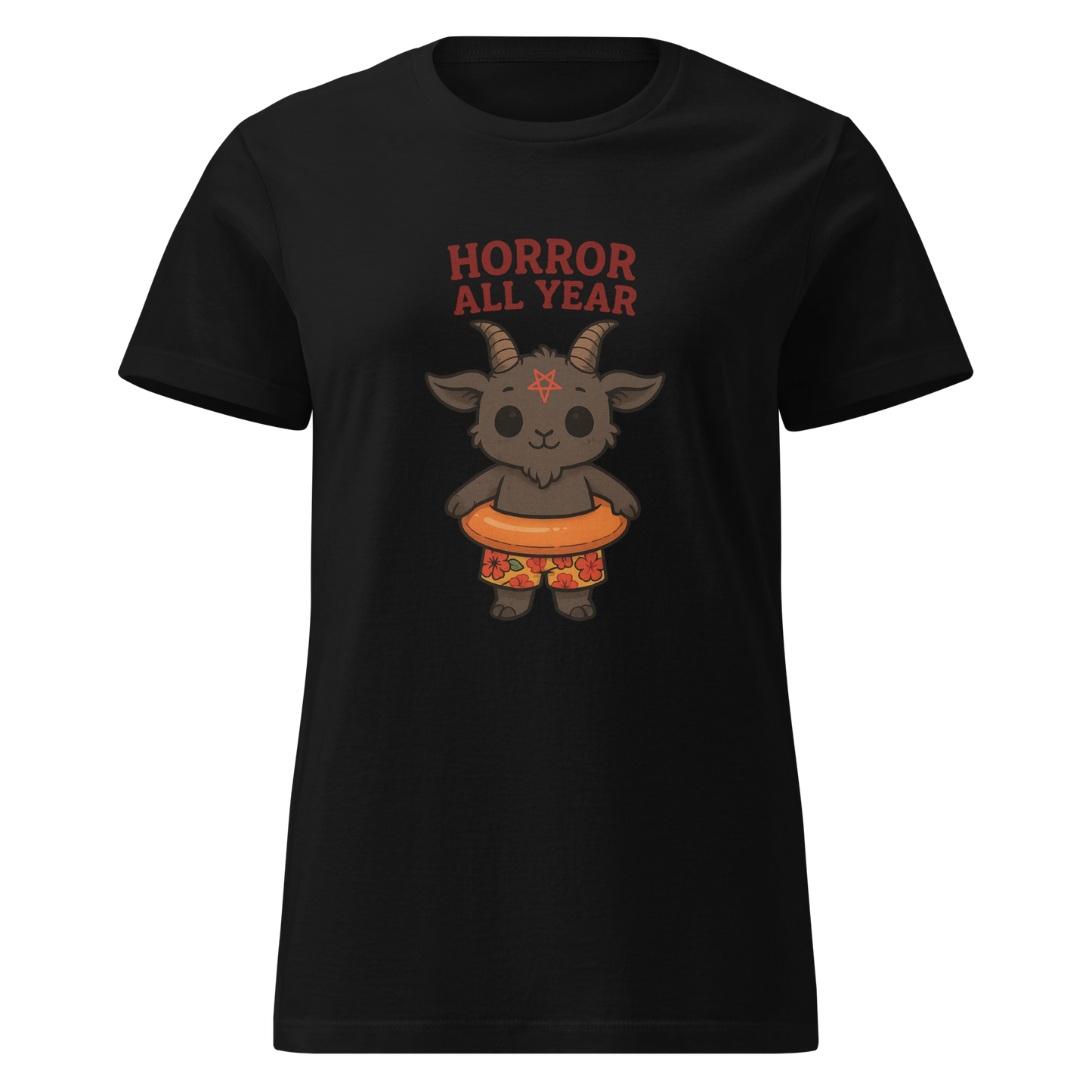This is a women's black t-shirt with a cartoon illustration of a baby Baphomet goat with curved horns and a playful grin, wearing bright floral swim trunks while floating in a colorful inner tube. The character is set against a light background with the bold text “Horror All Year” above in red letters