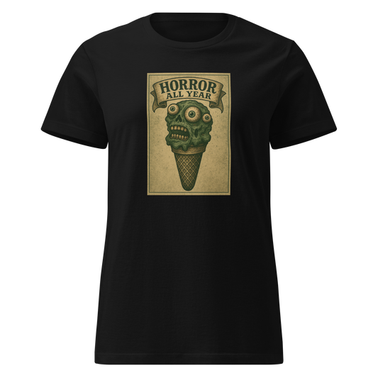 This is a black women's t-shirt that is a vintage-style illustration of a zombie-themed ice cream cone with a green, melting undead face and bulging eyeballs. Above the cone, a horror banner reads "Horror All Year" on a distressed parchment background