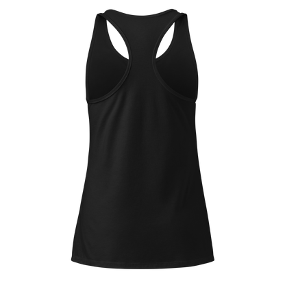 This is the back of a black racerback tank top with a design of a hand-drawn wreath made of moss-covered branches wraps around a glowing sun. The wreath is decorated with purple and blue flowers, small amethyst and fluorite crystals, and strands of hanging moss. The words “Witchy” curve above the wreath and “All Year” sits on the bottom right on the front side
