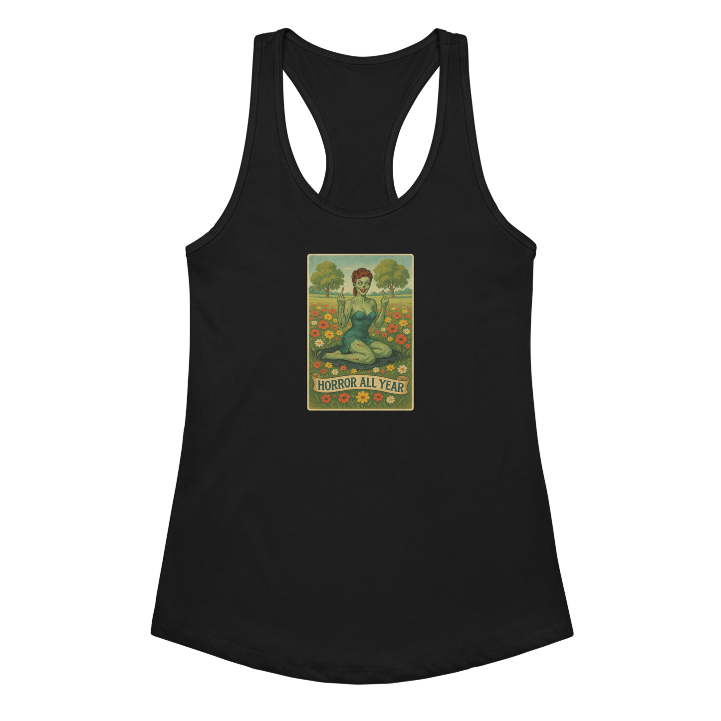 This is a black racerback tank top with a design illustration of a sassy zombie pinup girl standing in a floral field, wearing tattered lingerie and flipping off the viewer with both hands. She has green skin, vintage curls, and a bold attitude. The design blends horror and humor, with a pastel color palette and creepy cute vibes