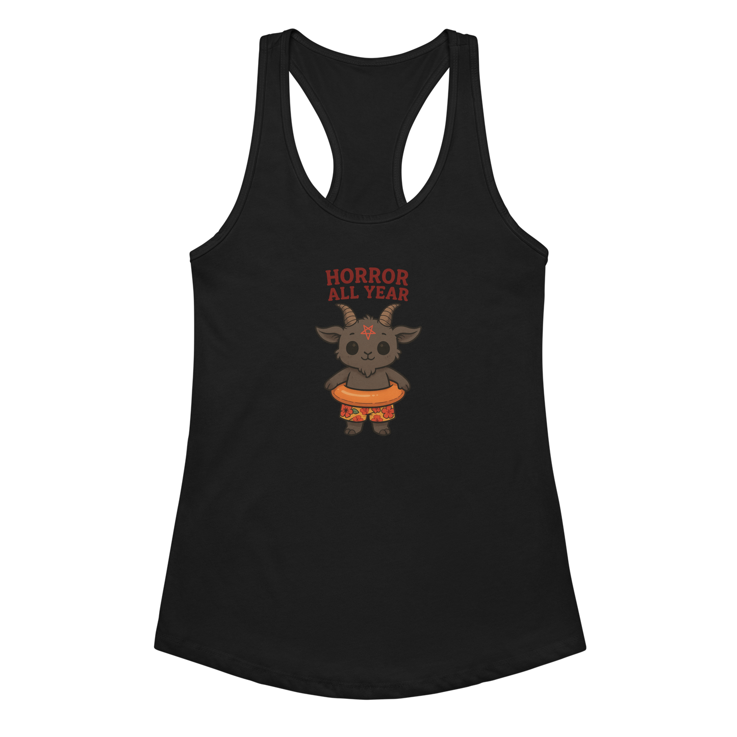 This is a black racerback tank top with a cartoon illustration of a baby Baphomet goat with curved horns and a playful grin, wearing bright floral swim trunks while floating in a colorful inner tube. The character is set against a light background with the bold text “Horror All Year” above in red letters