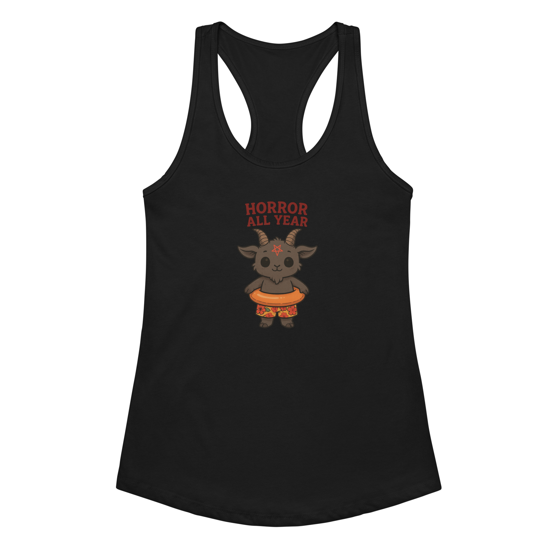 This is a black racerback tank top with a cartoon illustration of a baby Baphomet goat with curved horns and a playful grin, wearing bright floral swim trunks while floating in a colorful inner tube. The character is set against a light background with the bold text “Horror All Year” above in red letters