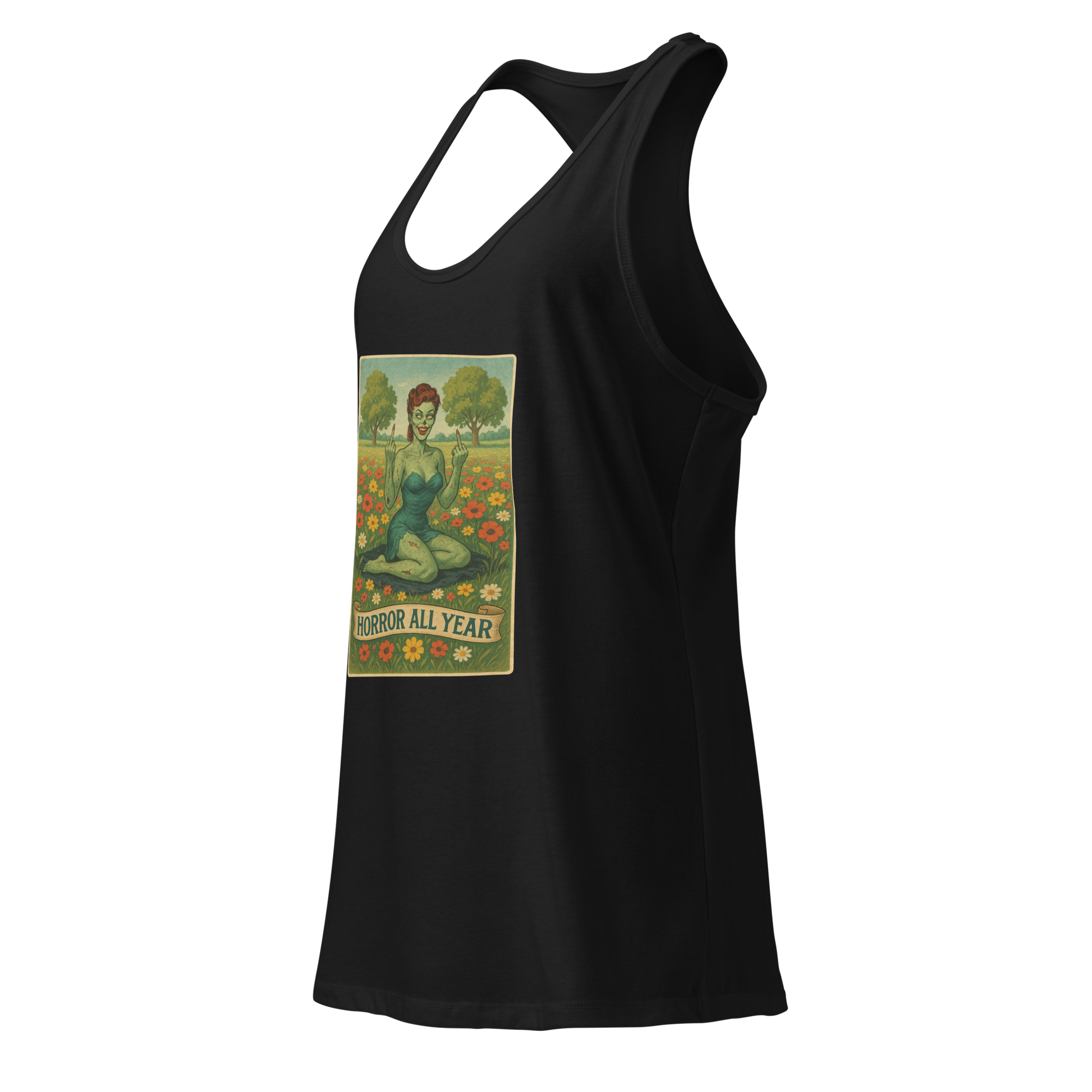 This is a black racerback tank top with a design illustration of a sassy zombie pinup girl standing in a floral field, wearing tattered lingerie and flipping off the viewer with both hands. She has green skin, vintage curls, and a bold attitude. The design blends horror and humor, with a pastel color palette and creepy cute vibes
