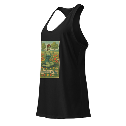 This is a black racerback tank top with a design illustration of a sassy zombie pinup girl standing in a floral field, wearing tattered lingerie and flipping off the viewer with both hands. She has green skin, vintage curls, and a bold attitude. The design blends horror and humor, with a pastel color palette and creepy cute vibes
