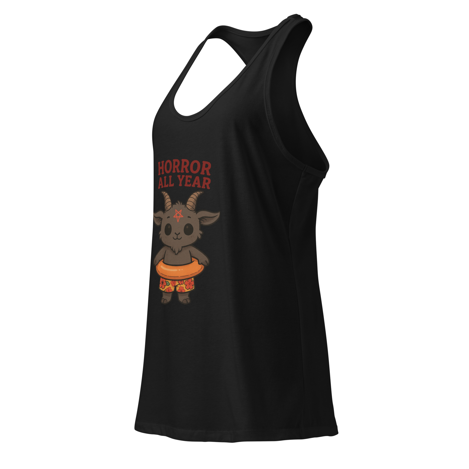 This is a side view of a black racerback tank top with a cartoon illustration of a baby Baphomet goat with curved horns and a playful grin, wearing bright floral swim trunks while floating in a colorful inner tube. The character is set against a light background with the bold text “Horror All Year” above in red letters