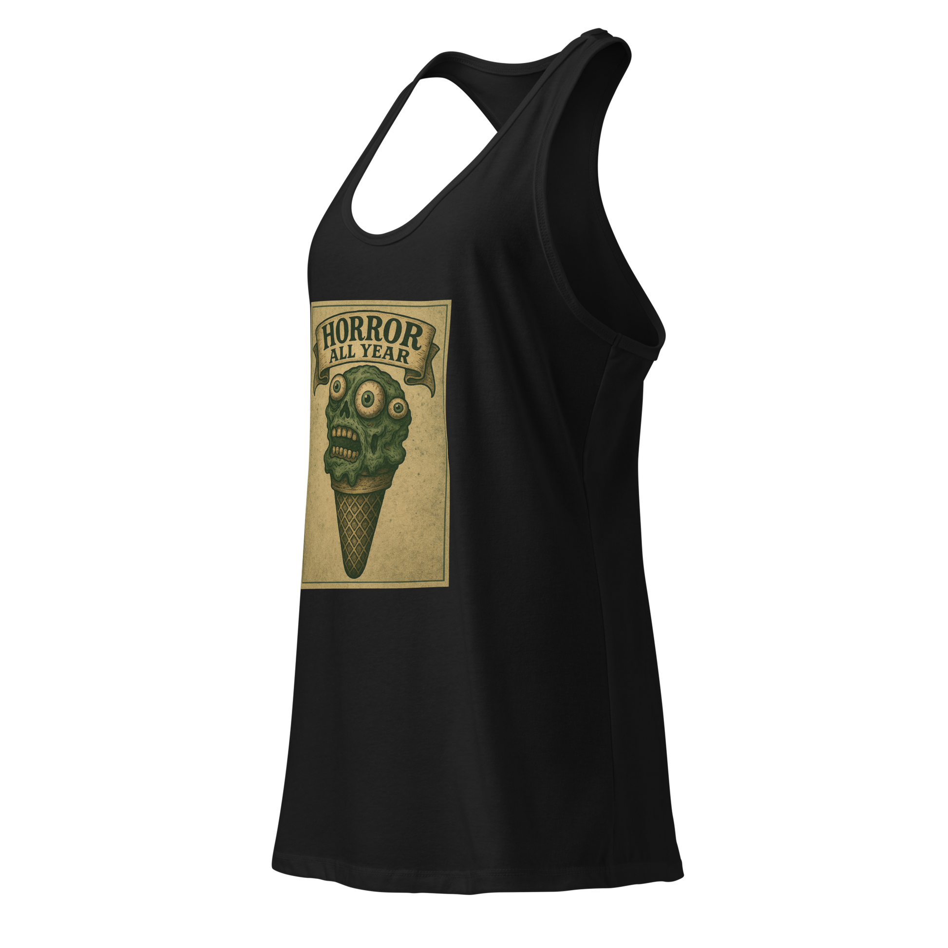 This is a black women's racerback tank top that is a vintage-style illustration of a zombie-themed ice cream cone with a green, melting undead face and bulging eyeballs. Above the cone, a horror banner reads "Horror All Year" on a distressed parchment background