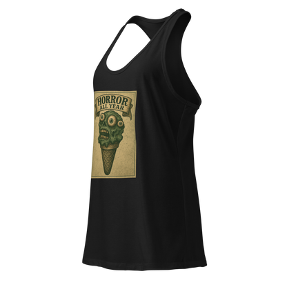 This is a black women's racerback tank top that is a vintage-style illustration of a zombie-themed ice cream cone with a green, melting undead face and bulging eyeballs. Above the cone, a horror banner reads "Horror All Year" on a distressed parchment background