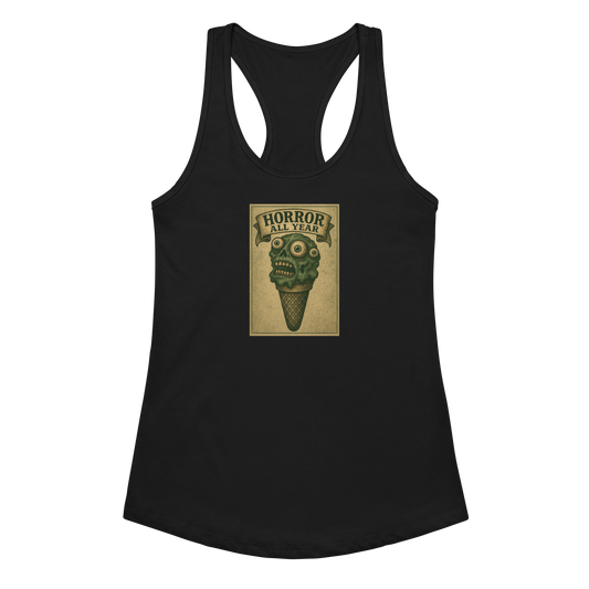 This is a black racerback tank top that is a vintage-style illustration of a zombie-themed ice cream cone with a green, melting undead face and bulging eyeballs. Above the cone, a horror banner reads "Horror All Year" on a distressed parchment background